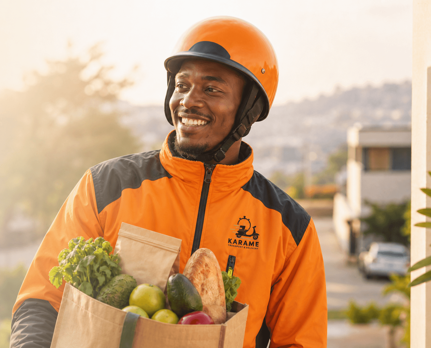 Karame delivery rider in branded safety clothing